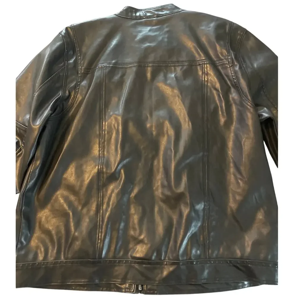 BKE Mens Vtg Quality Faux Leather DK Brown LS Moto Jacket Band Collar Zip XL